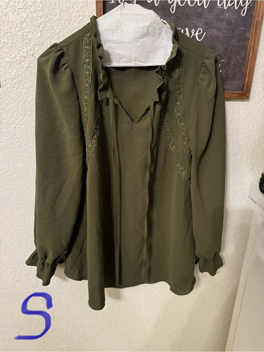 Olive Green Ruffled Lace-Trim Blouse - Women